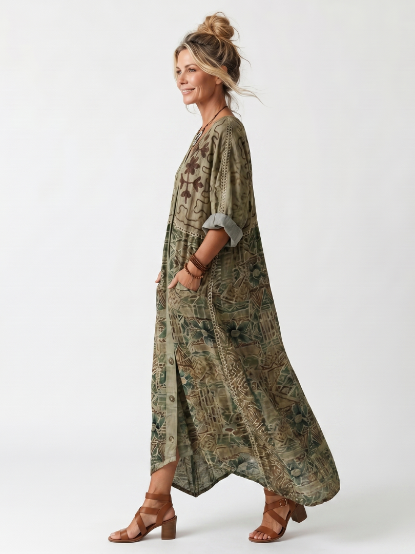 Comfortable oversized midi dress for women, featuring delicate embroidery and stylish button-front design.