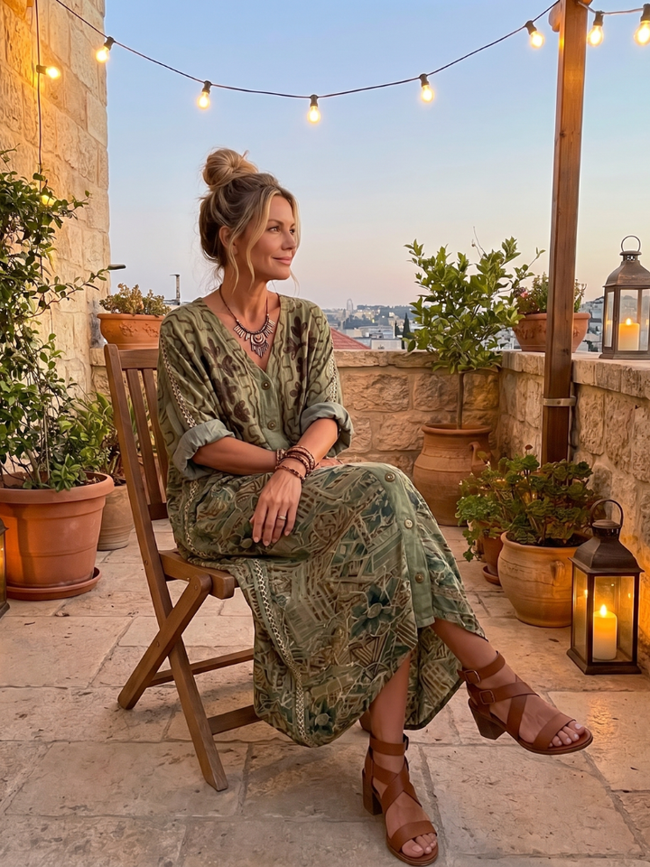 Stylish women's oversized midi dress, embroidered details, button front, V-neck, offering relaxed comfort.