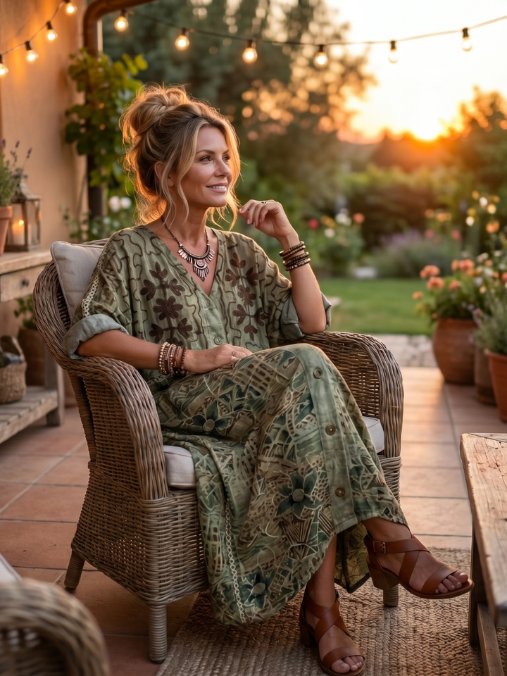 Elegant embroidered button-front midi dress for women, oversized fit, comfortable V-neck design.