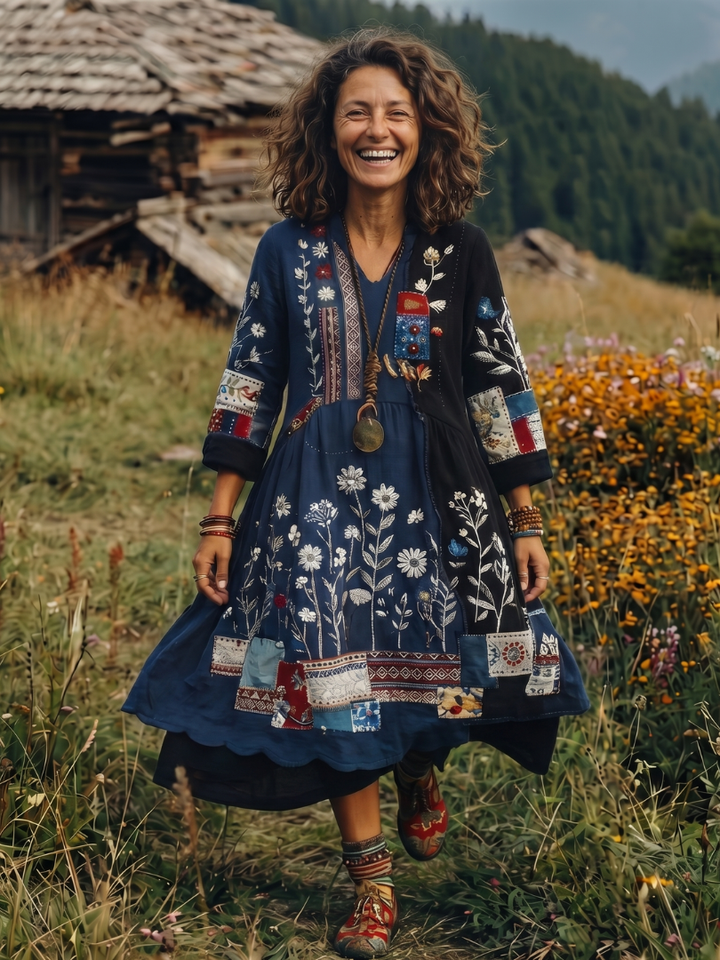 Women's embroidered panel long sleeve midi dress. Relaxed fit, bohemian style for casual wear.