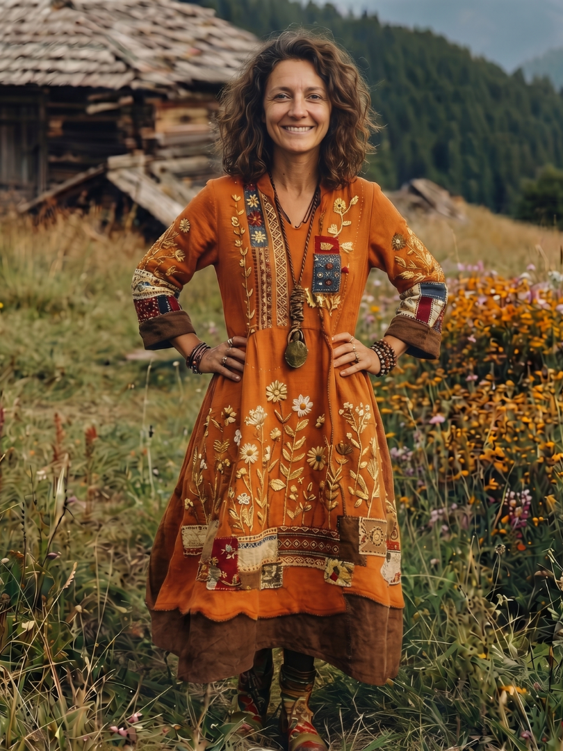 Distinct panel design on a women's embroidered long sleeve midi dress, showcasing unique patterns.
