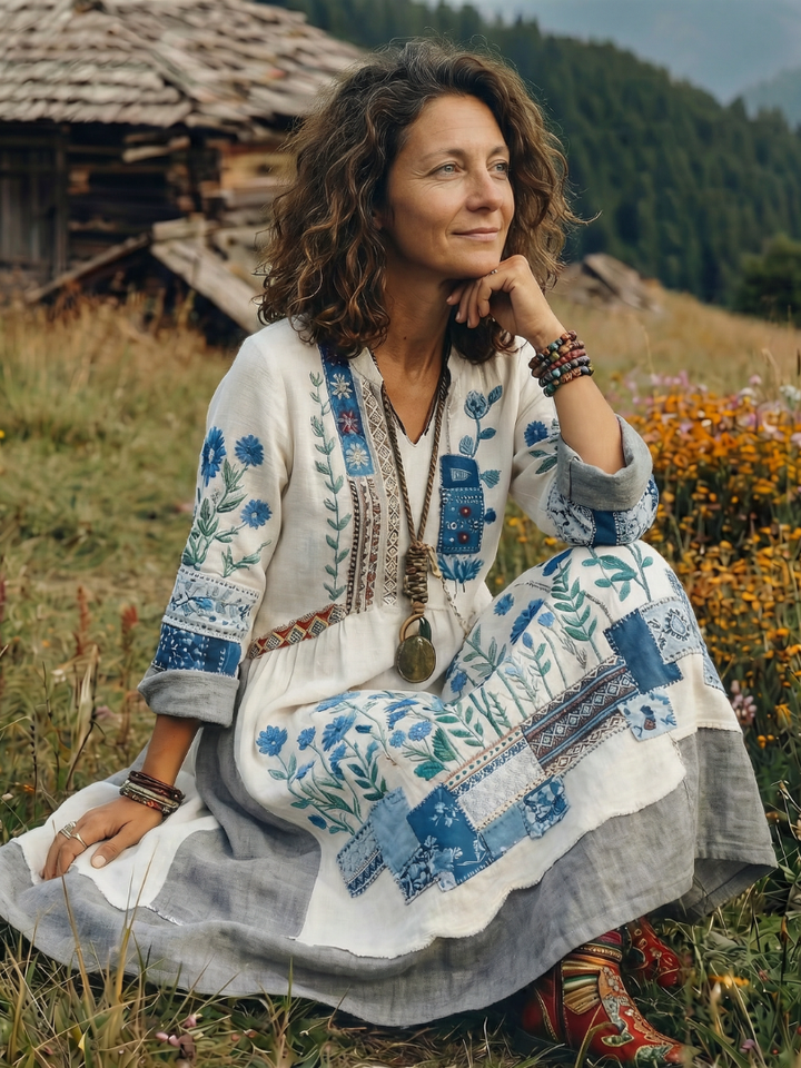 Comfortable women's long sleeve midi dress with embroidered panels. Relaxed fit, perfect for casual days.