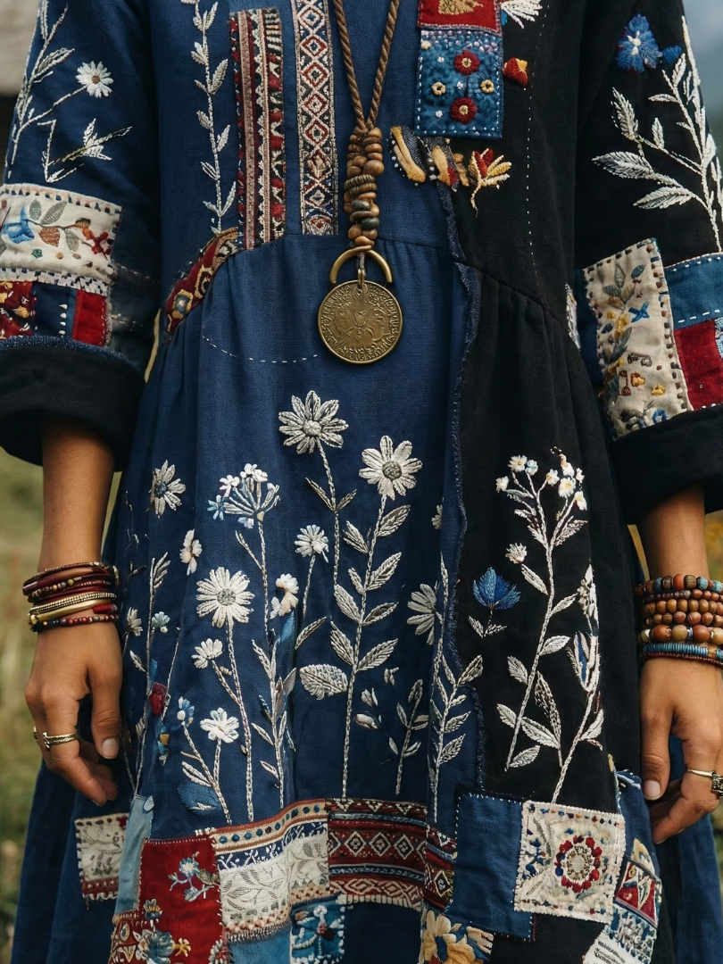 Side profile of a woman wearing a relaxed fit embroidered panel midi dress. Bohemian, long sleeve style.