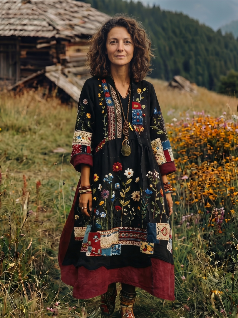 Model in motion wearing a flowing long sleeve midi dress with intricate embroidered panels. Relaxed fit.