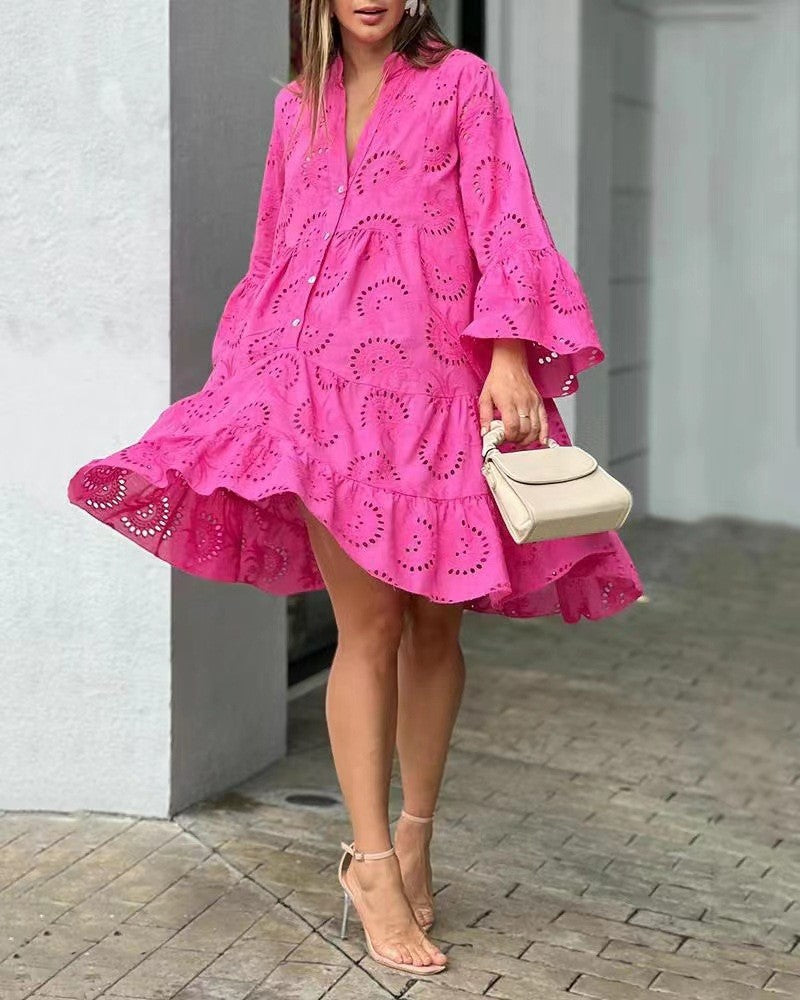 Women's embroidered tiered mini dress with elegant bell sleeves & V-neck, perfect for summer casual or party wear.