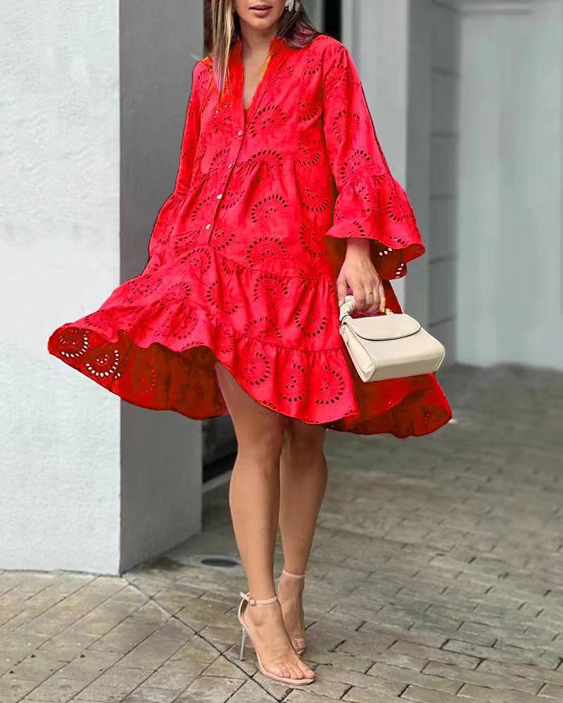 Embroidered V-neck mini dress with elegant bell sleeves and a flattering tiered A-line silhouette for women. Party or casual.