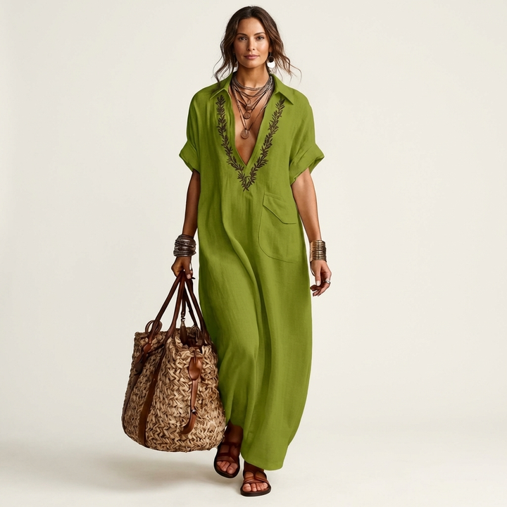 V-neck collar embroidered maxi dress for women, relaxed fit, elegant long design for summer casual.