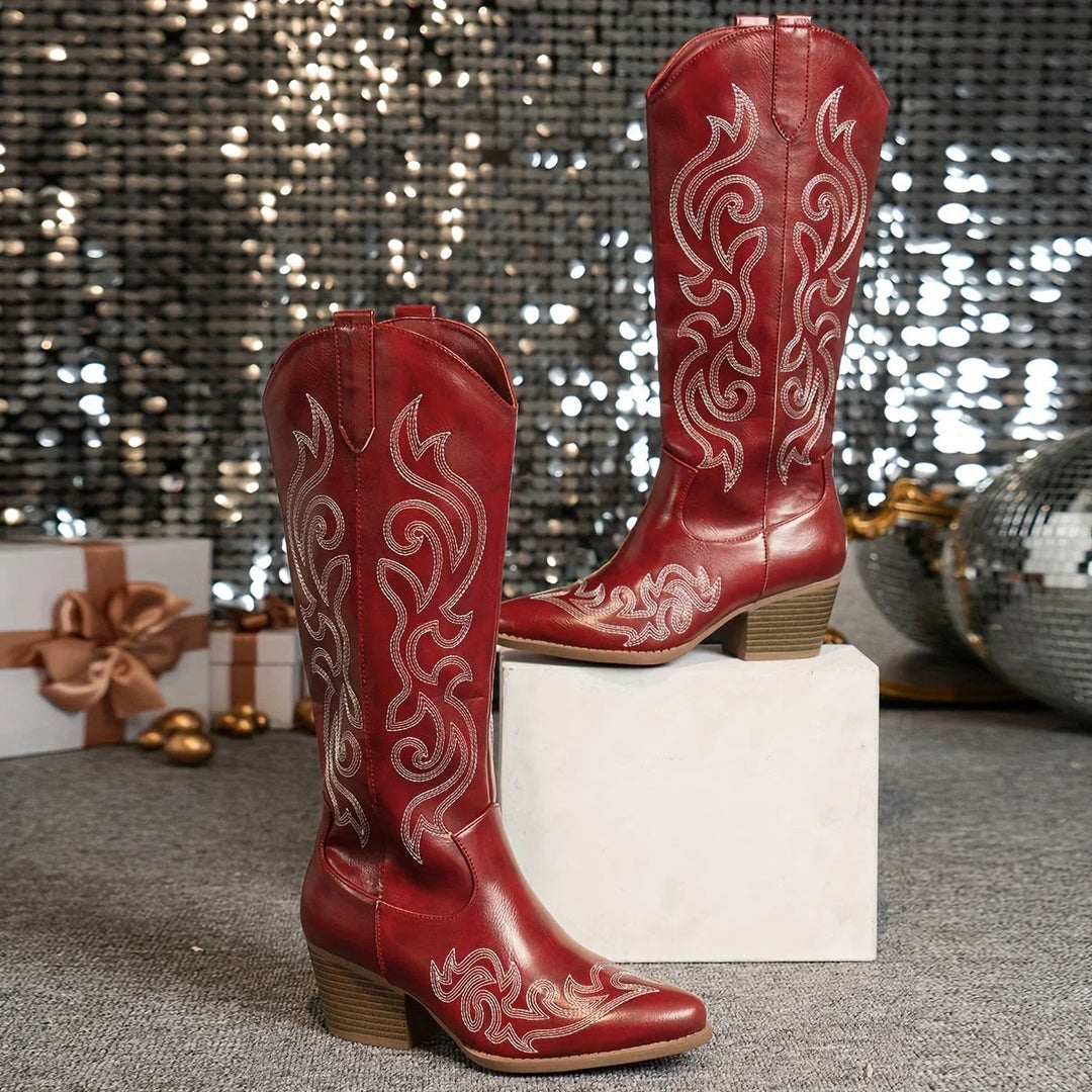 Fashion-forward women's embroidered knee-high boots, western style, with a chic block heel.