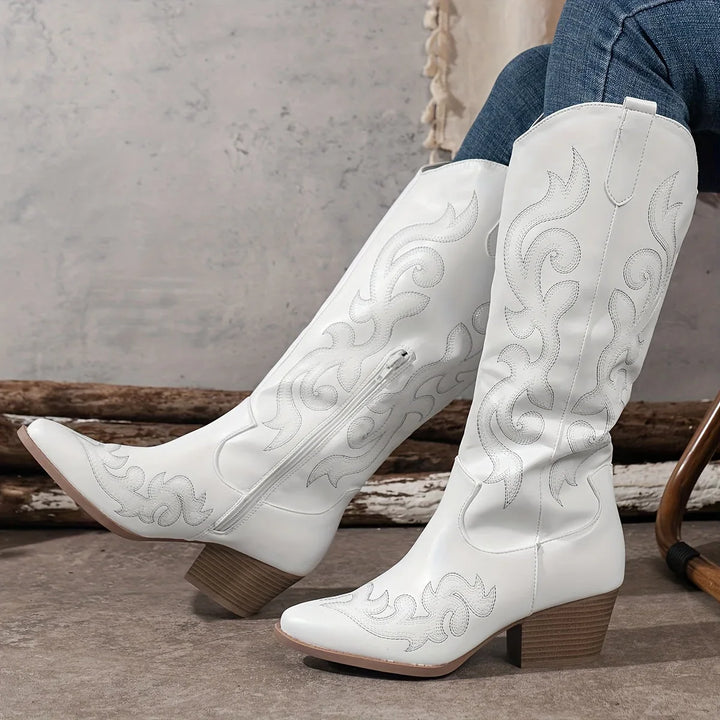 Versatile women's embroidered western knee-high boots, comfortable block heel for daily wear.