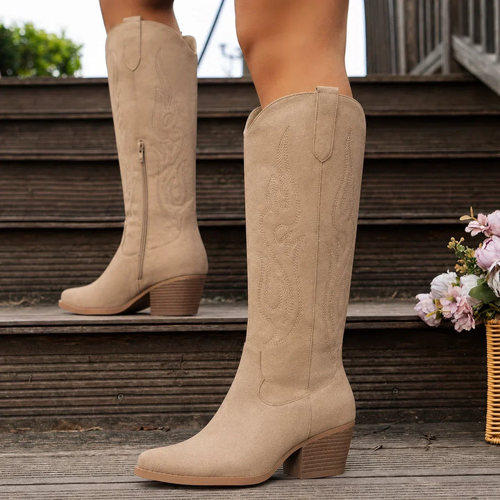 Elegant women's tall embroidered western boots, block heel design, perfect for sophisticated looks.