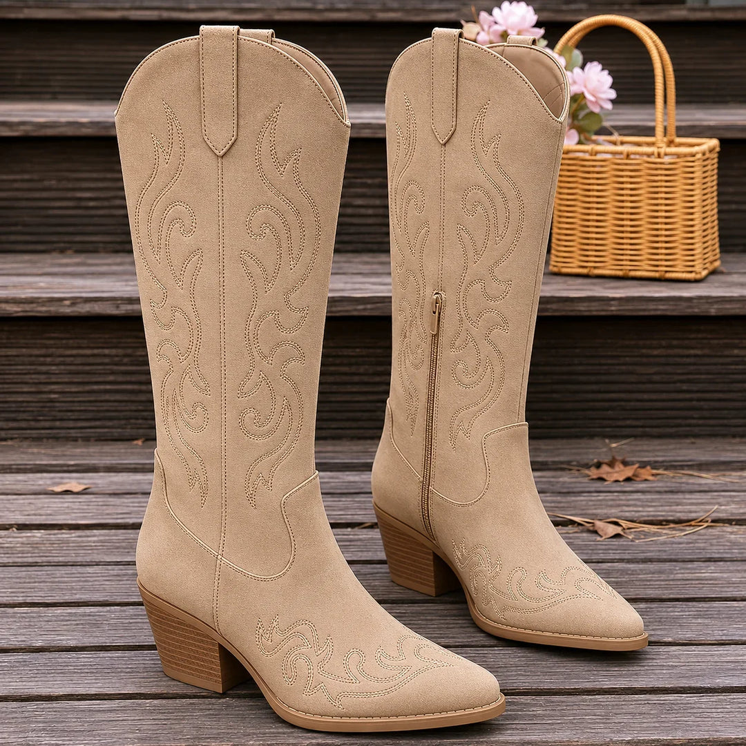 Womens western-style knee-high boots, embroidered, with block heel and convenient side zipper.