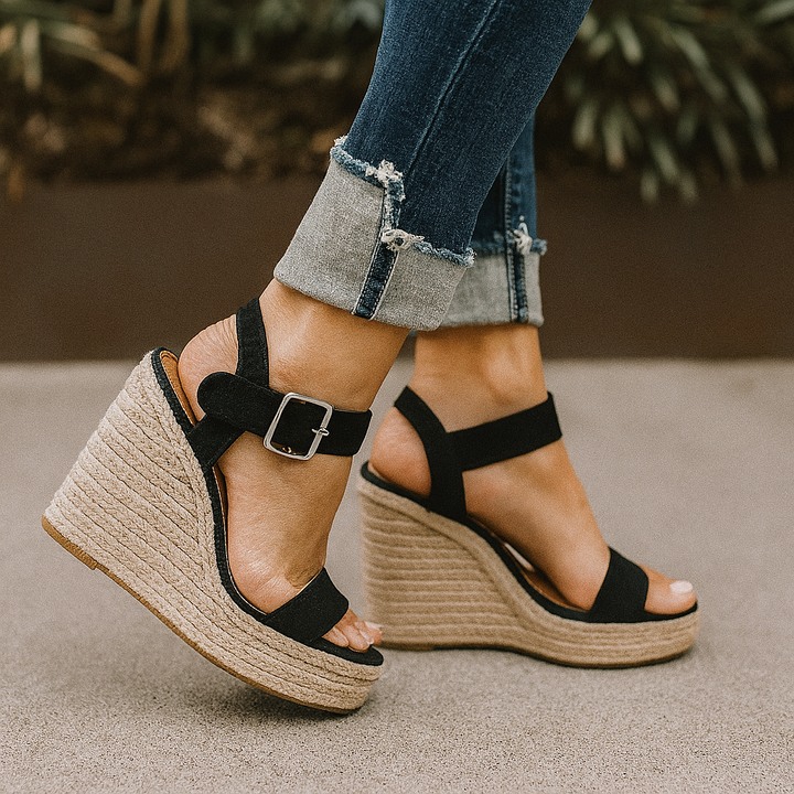 Stylish open toe wedge sandals for women, featuring a classic espadrille design.