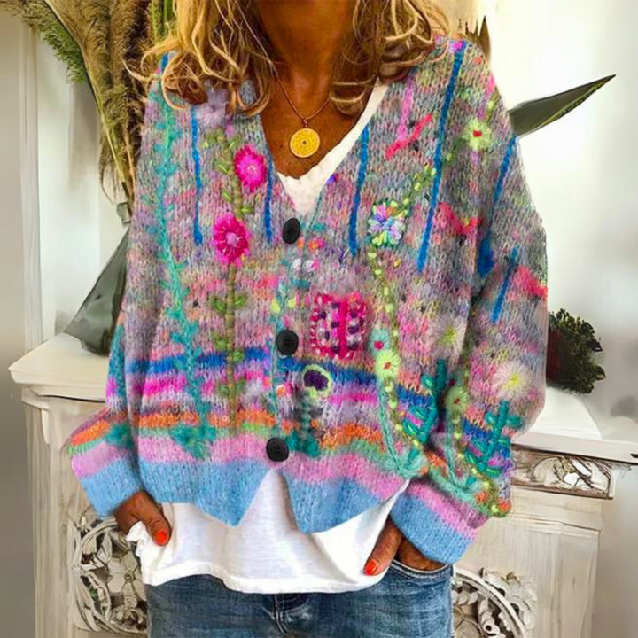 Women's Eva colorful knit sweater, cozy & vibrant for fall/winter. Long sleeve, comfortable, everyday wear.