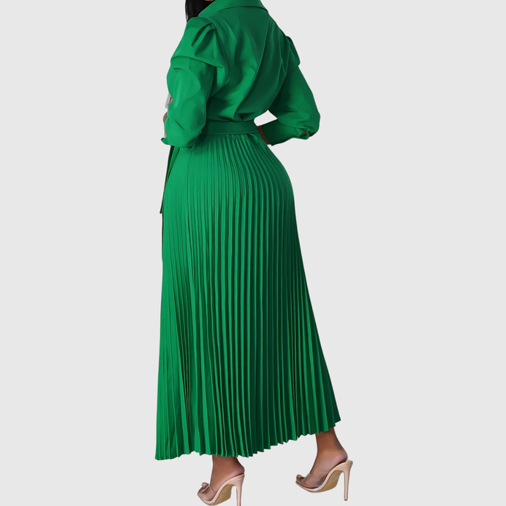 Graceful Evelina women's pleated midi wrap dress, a sophisticated long sleeve V-neck for versatile styling.