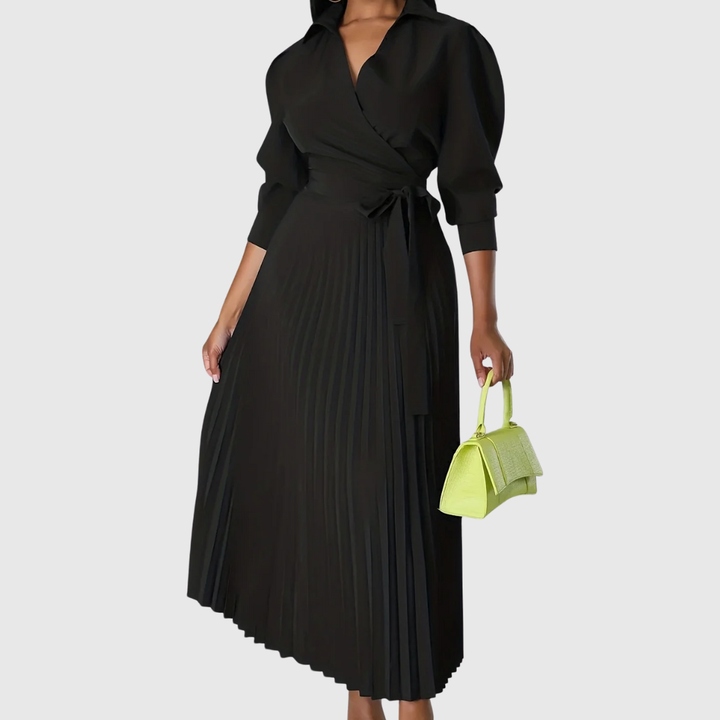 Sophisticated Evelina midi wrap dress, pleated and elegant, ideal for evening or formal events.