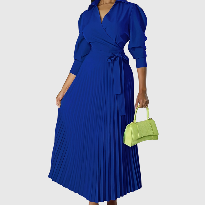 Elegant Evelina V-neck pleated midi wrap dress with long sleeves, a stylish choice for women.