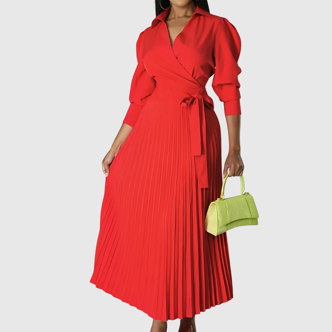 Flowy Evelina pleated midi wrap dress for women, an elegant and comfortable day-to-night design.