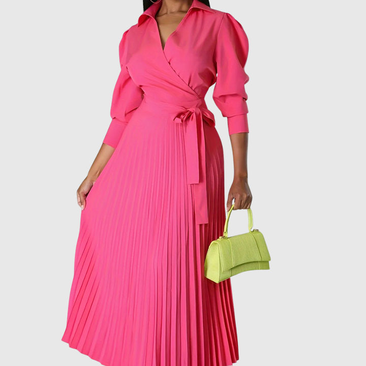 Women's Evelina elegant pleated midi wrap dress, a long sleeve V-neck design for sophisticated style.