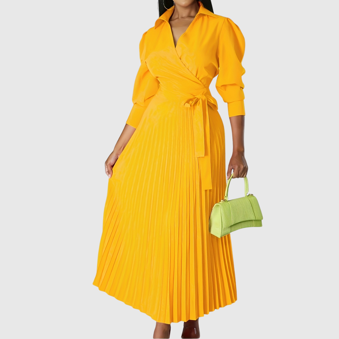 Evelina elegant pleated midi wrap dress. Women's V-neck, long sleeve, day-to-night formal wear.