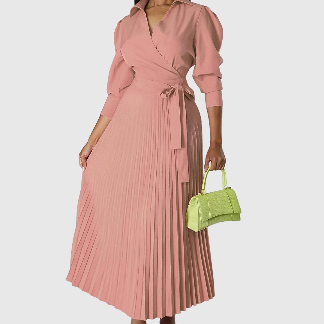 Chic Evelina midi wrap dress, elegantly pleated with V-neck & long sleeves, perfect for any woman.
