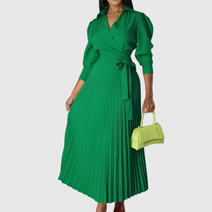 Formal Evelina pleated midi wrap dress, elegant V-neck long sleeve design, ideal for evening wear.