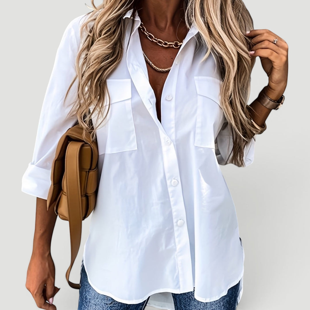 Relaxed fit collared button blouse for women. Comfortable long-sleeve daily wear, polished for casual or office.