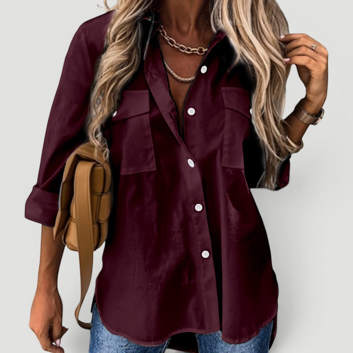 Relaxed fit women's long-sleeve button blouse. Comfortable & chic, versatile for daily, office, or casual fashion.