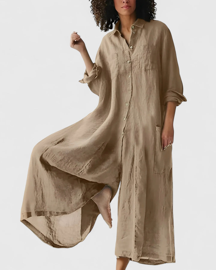 Casual one-piece women's jumpsuit dress with a wide-leg design, ideal for comfortable summer wear.