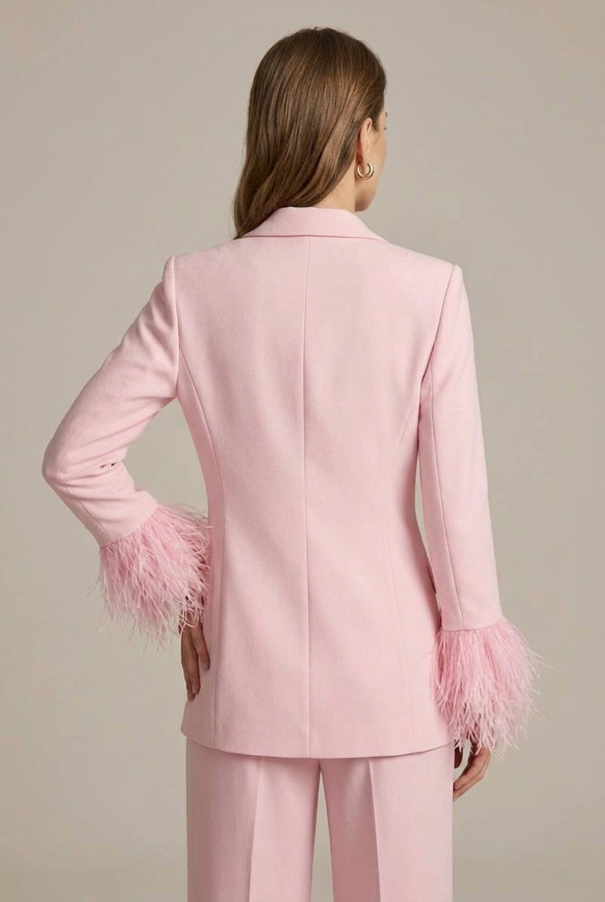 Professional women's feather cuff blazer & straight leg tailored trousers. Elegant workwear with a modern twist.