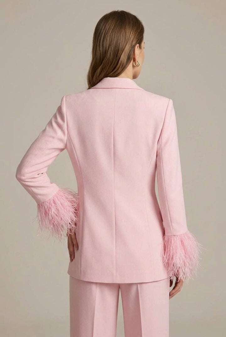 Professional women's feather cuff blazer & straight leg tailored trousers. Elegant workwear with a modern twist.