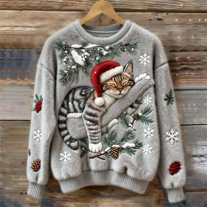 Women's festive cat print sweater, a cozy long-sleeve crew neck jumper perfect for holiday fashion.