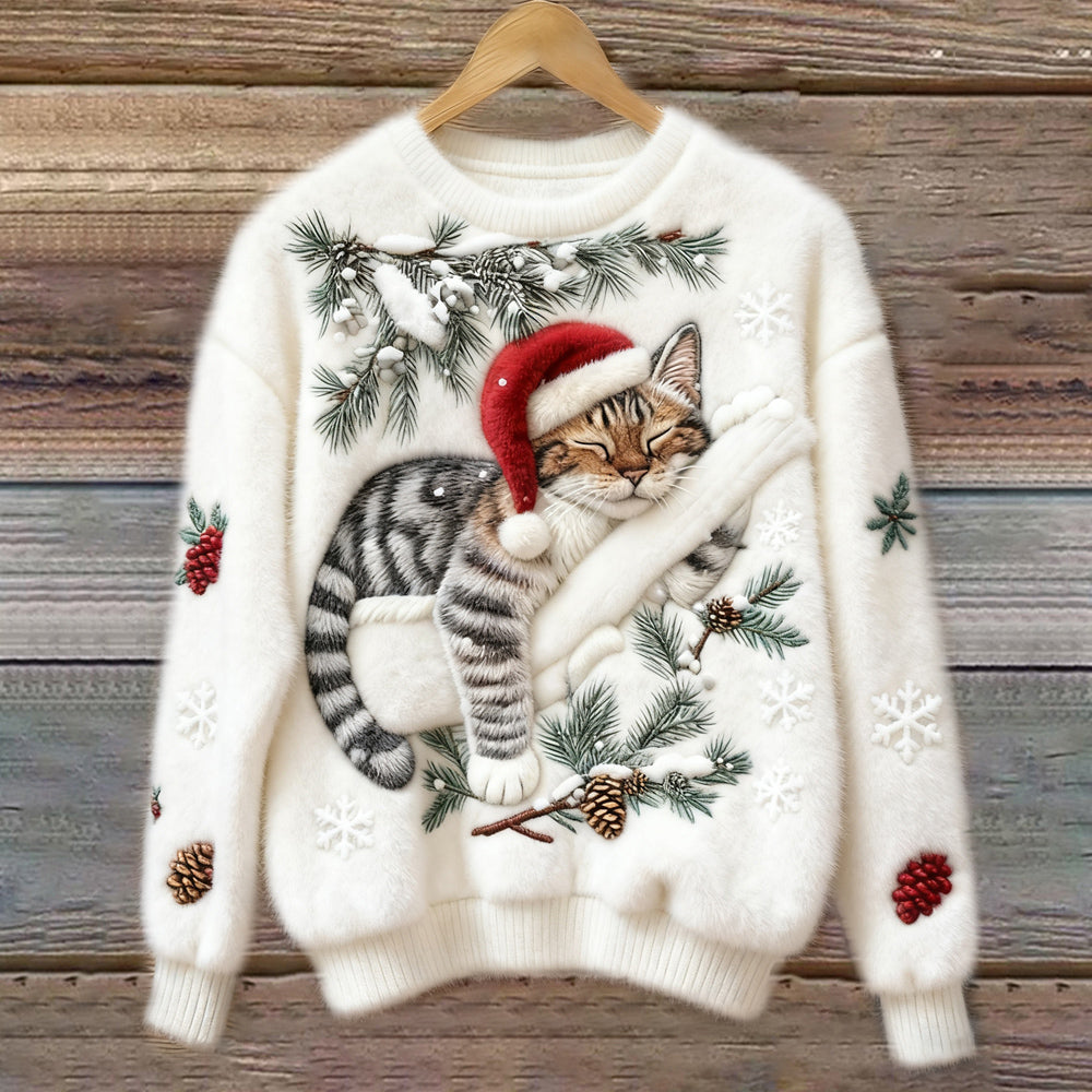Cozy women's holiday jumper with unique festive cat print, ideal Christmas outfit or winter apparel.