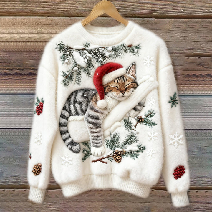 Cozy women's holiday jumper with unique festive cat print, ideal Christmas outfit or winter apparel.