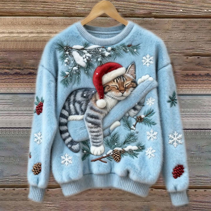 Stylish women's long-sleeve festive cat print sweater, a warm and cozy crew neck top for holiday season.