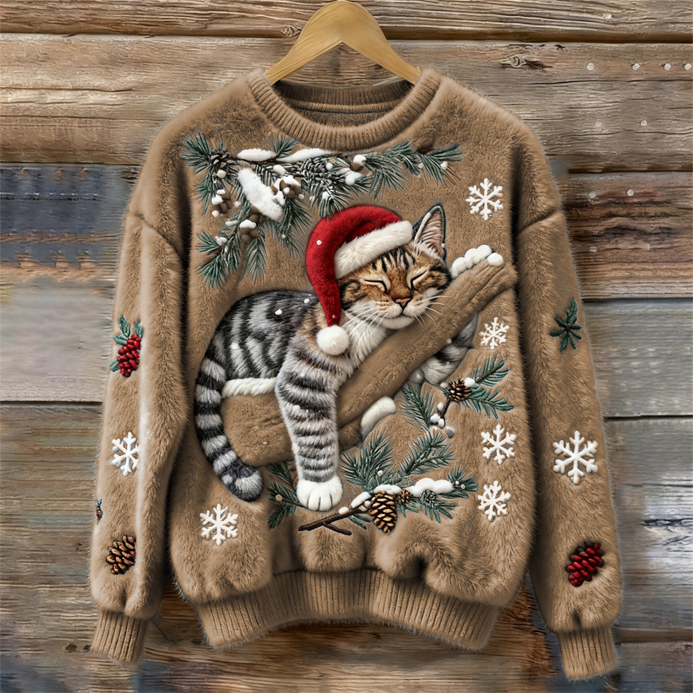 Comfortable women's festive cat print jumper, a cozy winter apparel piece and unique gift for cat lovers.