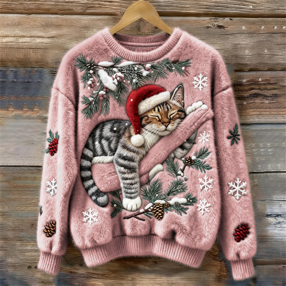 Soft women's festive cat print sweater, a cute and cozy long-sleeve top for Christmas and holiday gatherings.