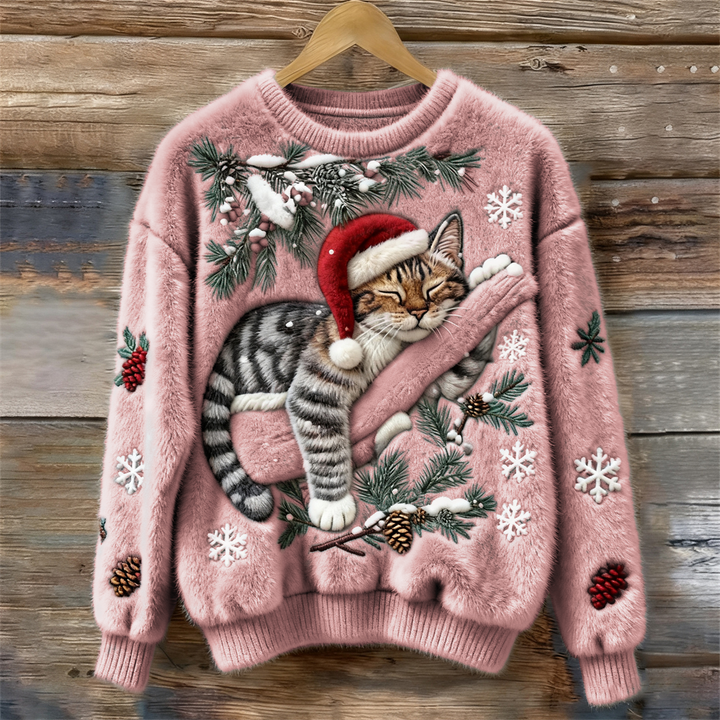 Soft women's festive cat print sweater, a cute and cozy long-sleeve top for Christmas and holiday gatherings.