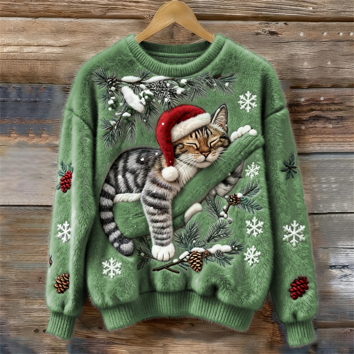 Vibrant women's festive cat print holiday sweater, a cozy crew neck jumper for festive winter fashion.