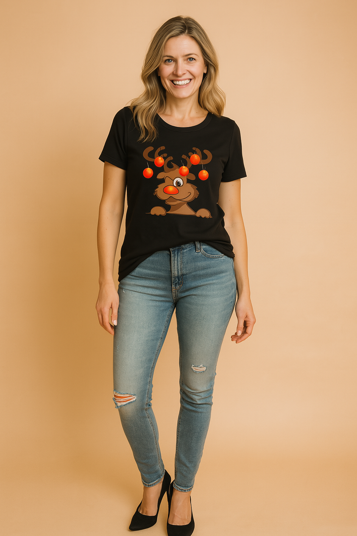 Women's festive reindeer graphic t-shirt, perfect for casual holiday wear