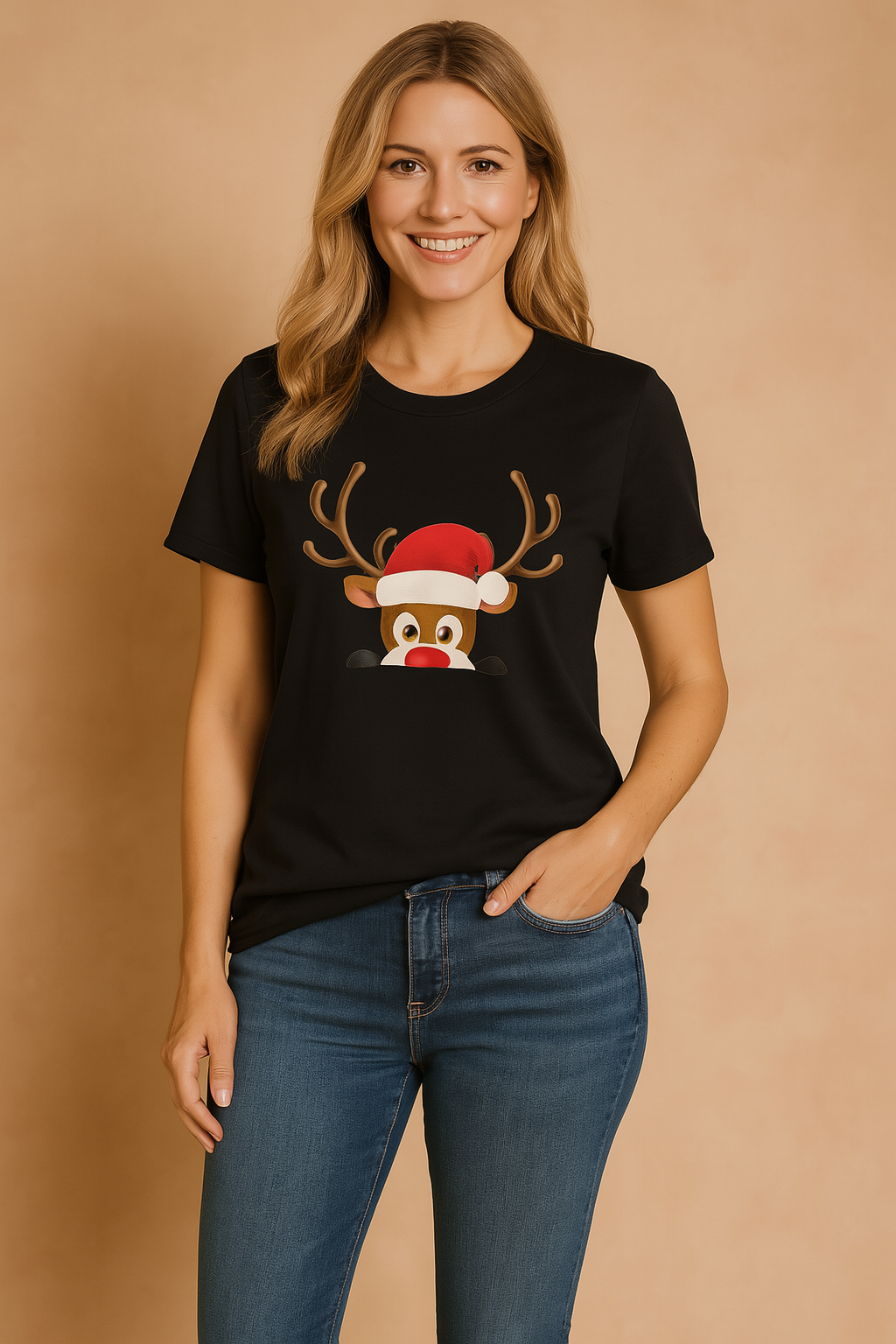 Cozy reindeer Christmas t-shirt for women, ideal festive winter fashion