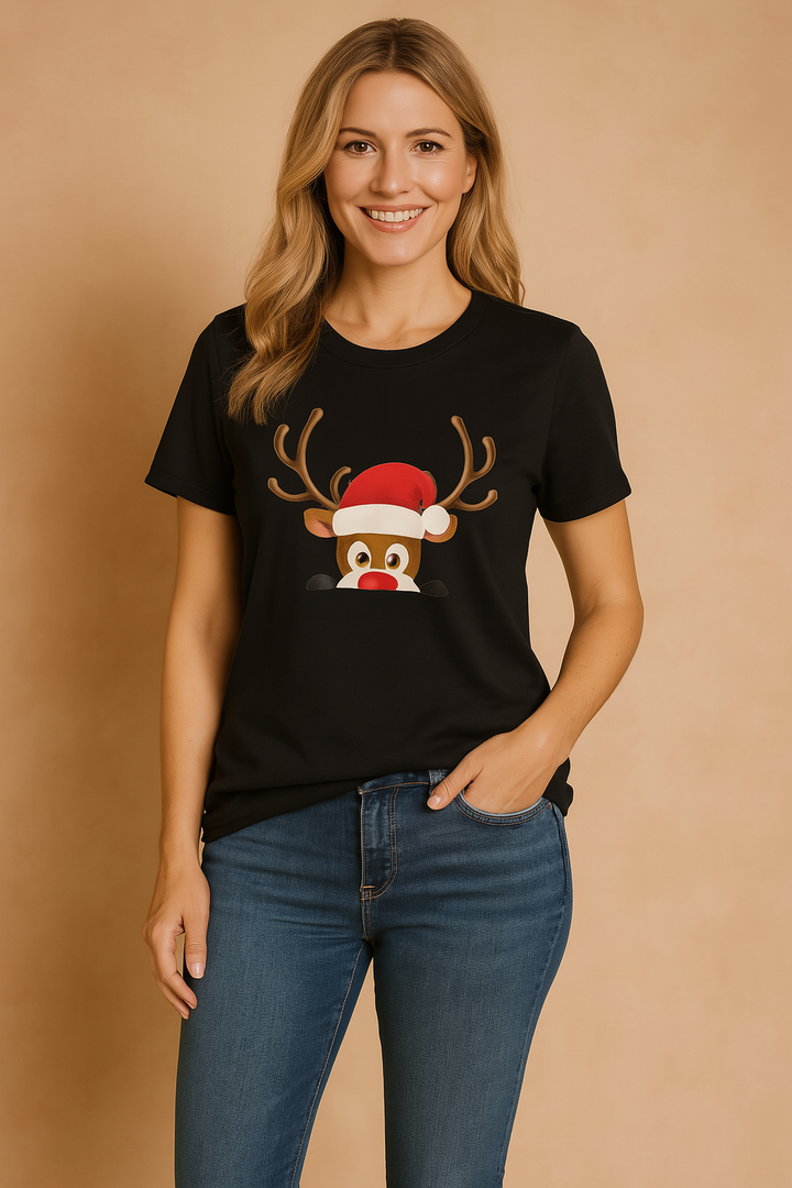 Cozy reindeer Christmas t-shirt for women, ideal festive winter fashion