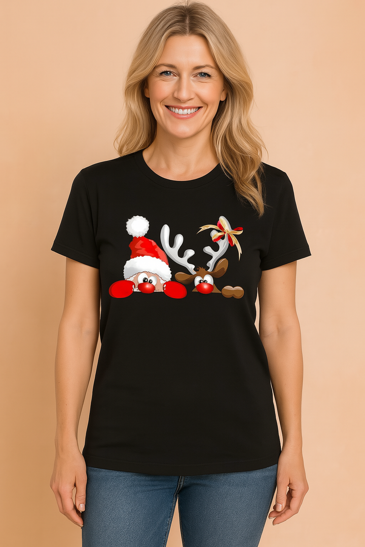Cute graphic tee with a reindeer design, a must-have women's Christmas shirt