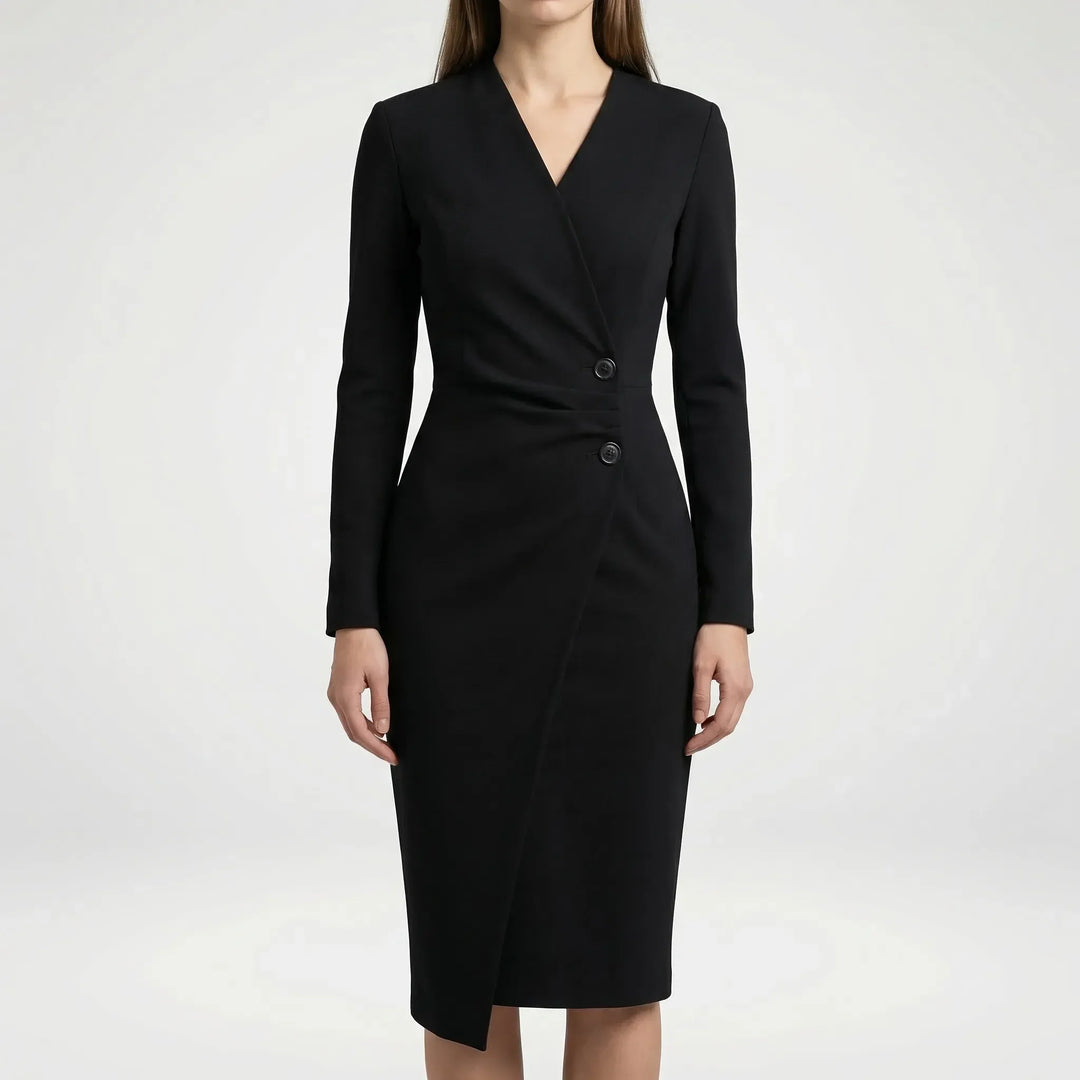 Elegant women's fitted midi dress with wrap design and long sleeves