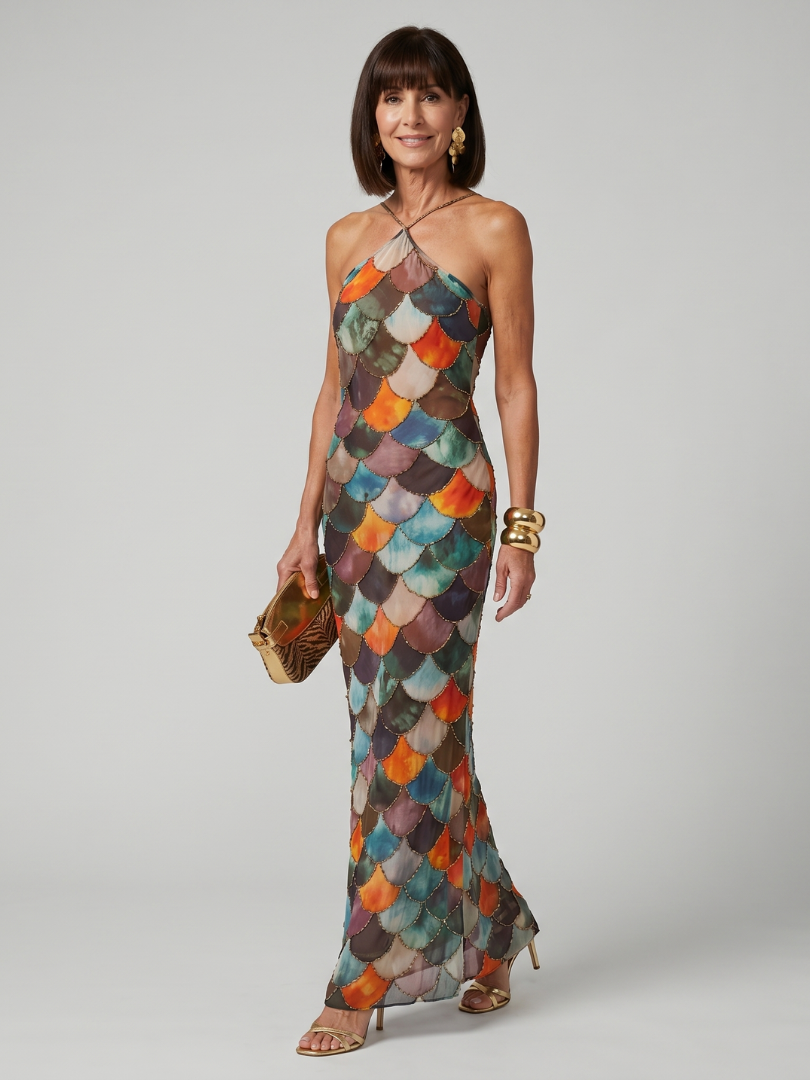 Women's fitted multicolor scale pattern maxi dress. Elegant evening party attire with a sophisticated look.