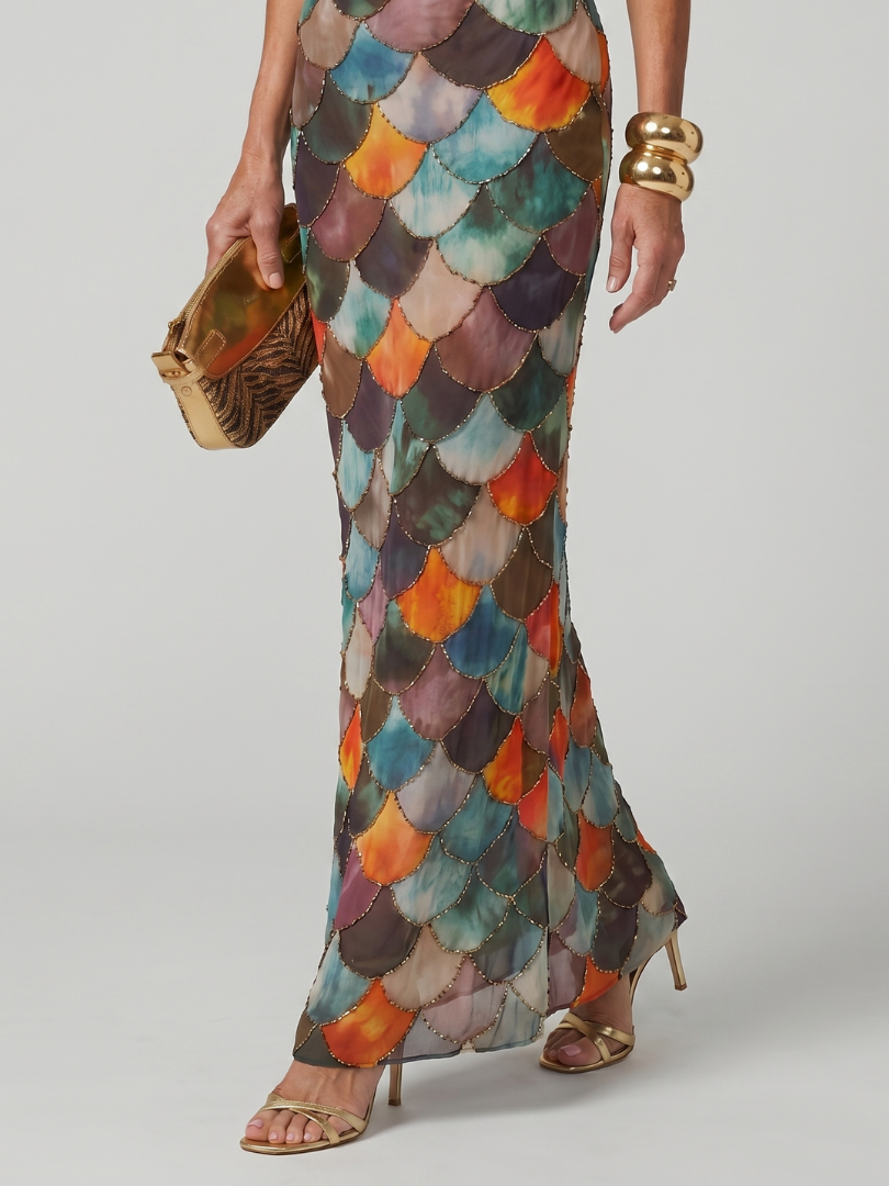 Fitted women's statement maxi dress with a unique geometric multicolor scale pattern. Perfect for parties & special occasions.