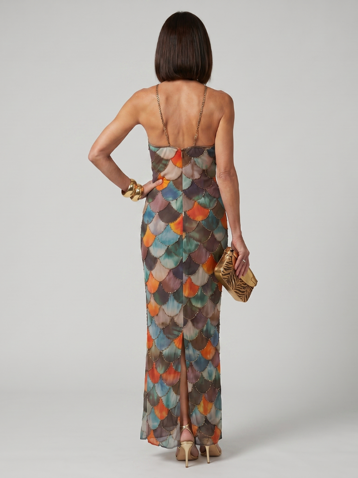 Multicolor scale pattern maxi dress for women, fitted & elegant. Halter neck design, ideal for evening parties.
