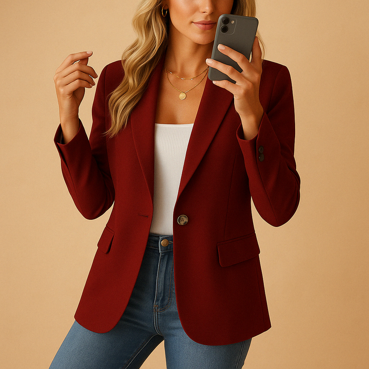 Elegant women's fitted blazer jacket, a timeless piece for sophisticated workwear fashion.