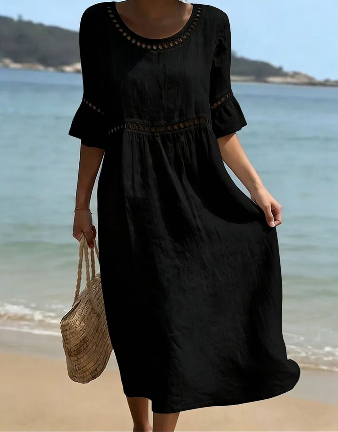Chic women's flared sleeve hollow out summer midi dress. A comfortable & elegant choice for beach or everyday.