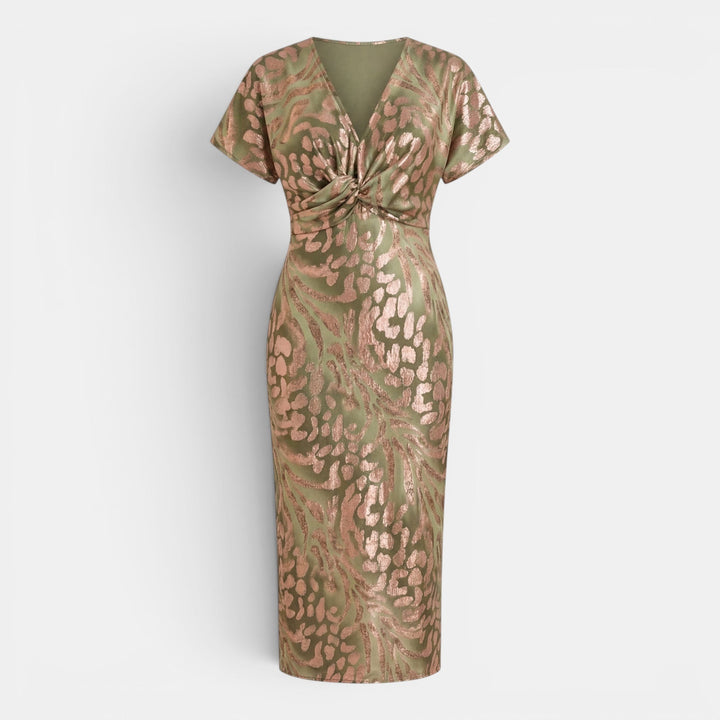 Flattering apricot midi dress for women, an elegant and versatile summer dress with a defined waist.