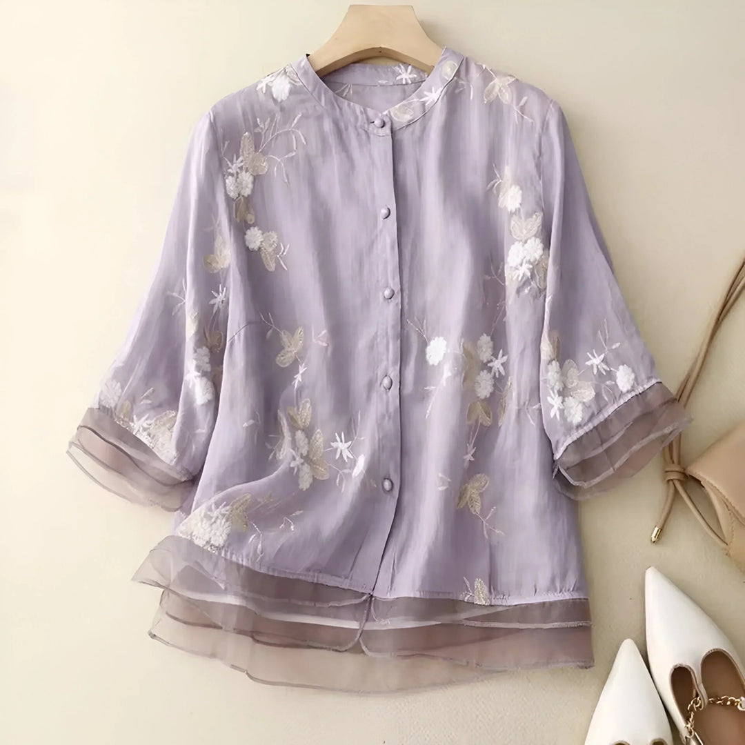 Cream embroidered women's blouse, an elegant and flattering top suitable for spring and summer casual style.
